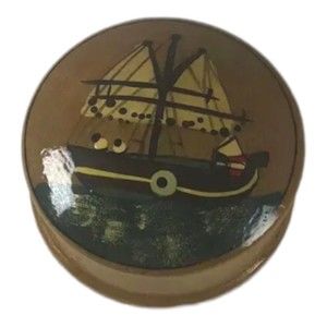 Vintage Wooden Sailboat Round Trinket Box Hand Painted Made In China See Pics